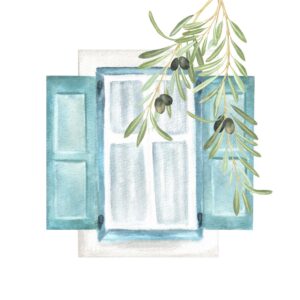 Watercolor illustration: hand-painted open window with blue shutters and olive branch. Isolated. For Mediterranean design, scrapbooking, stationery, packaging, stickers, cards, home coziness